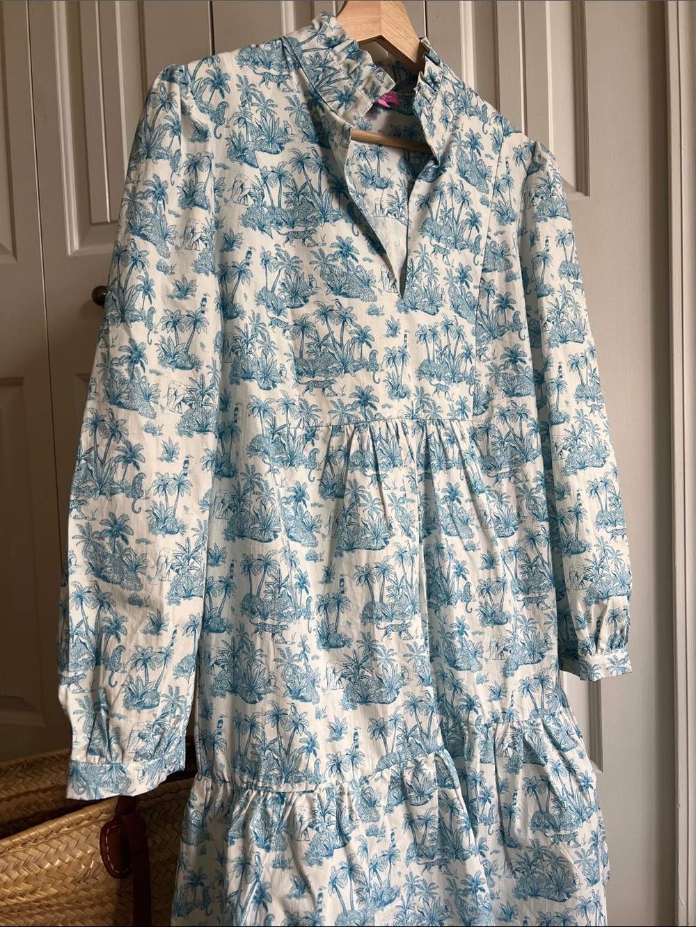 Blue Toile Print “Tiger Palm” Tiered Midi Dress